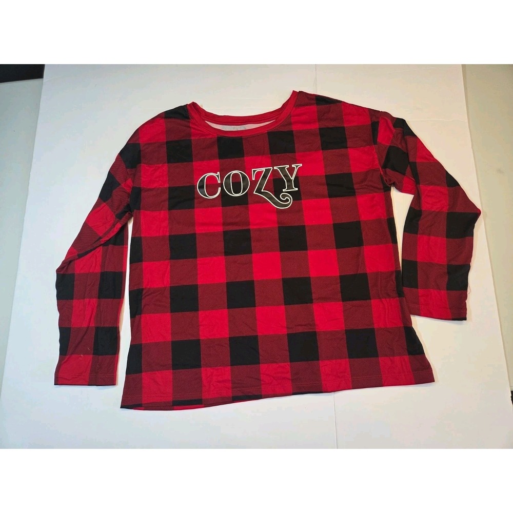 427 Joyspun Girls M 8-10 Cozy Buffalo Plaid Red Black Long Sleeve Top